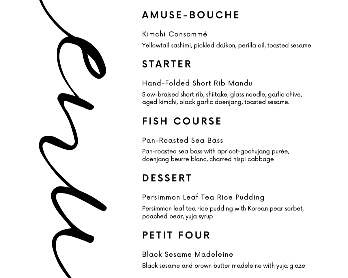 A dinner menu titled "Amuse-Bouche" with sections for Kimchi Consommé, starters, fish course, dessert, and petit four, featuring dishes like kimchi consommé with sashimi, hand-folded short rib mandu, pan-roasted sea bass, persimmon leaf tea rice pudd
