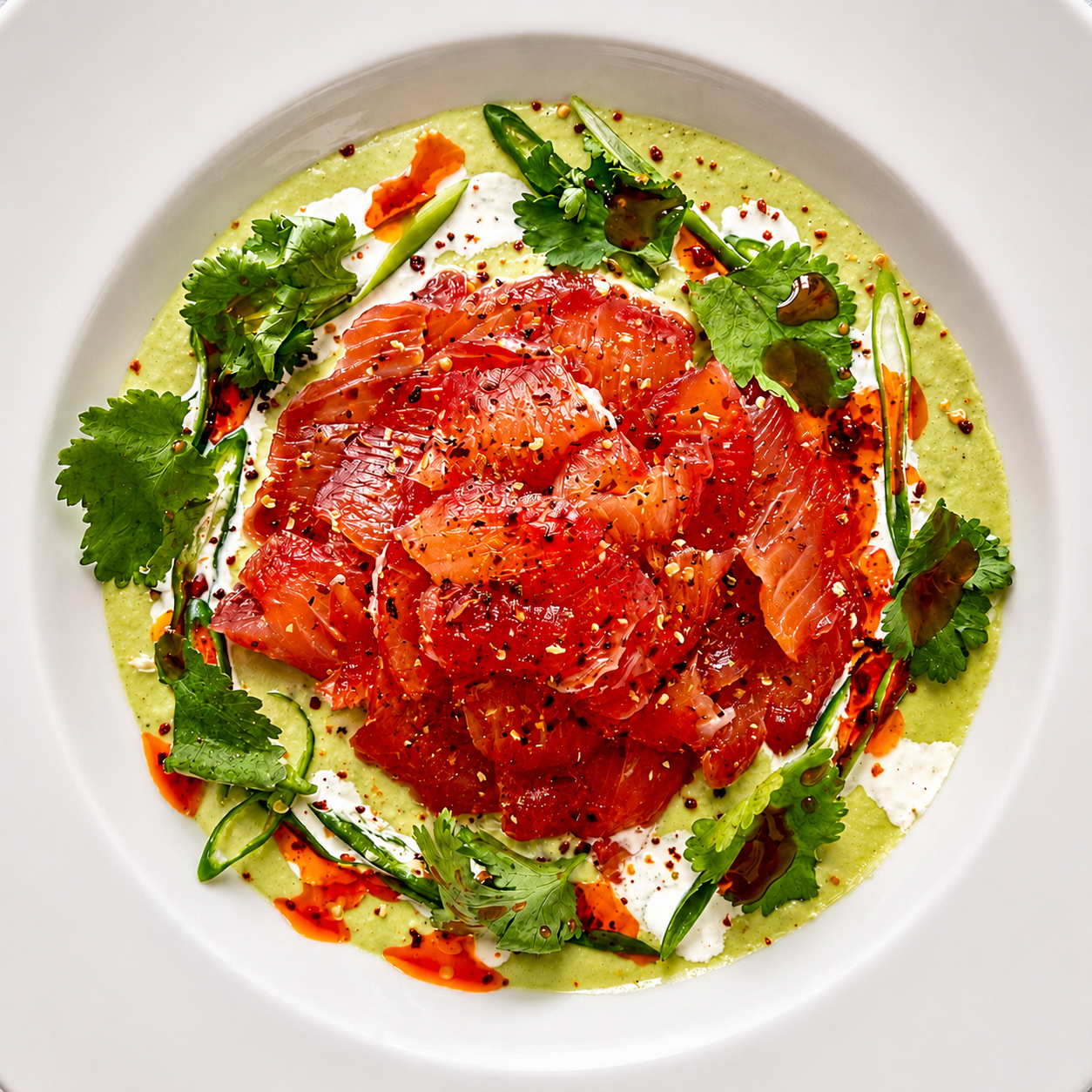 Plate of smoked salmon carpaccio garnished with fresh herbs, cucumber slices, and drizzles of sauce, served on a bed of green puree.