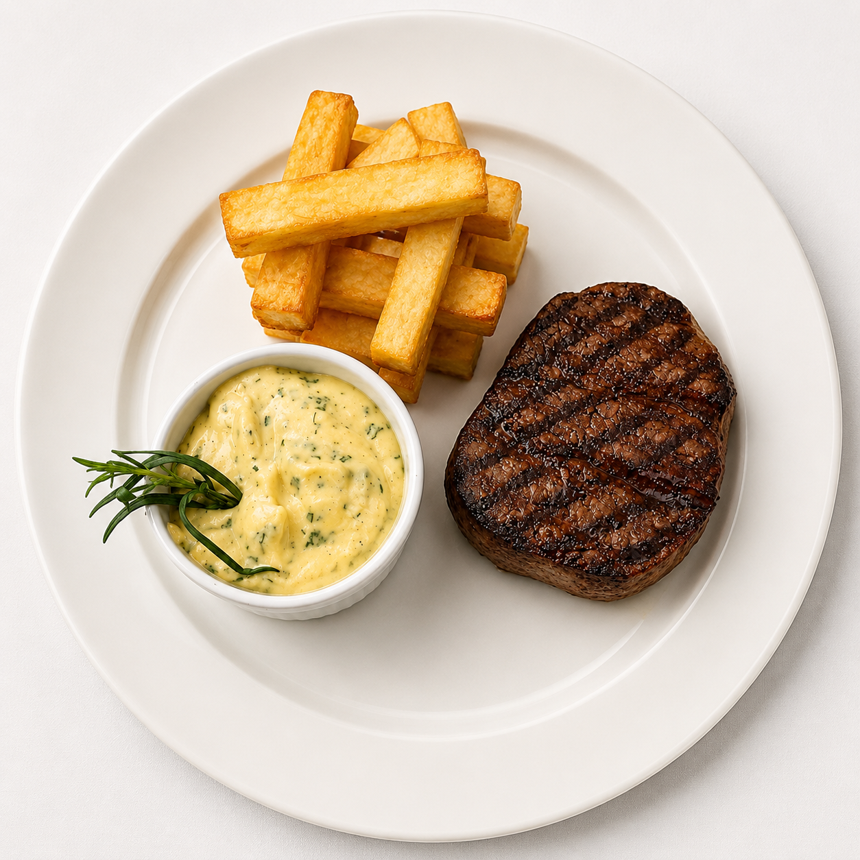 Grilled steak, French fries, and creamy herb sauce with garnish on a white plate.