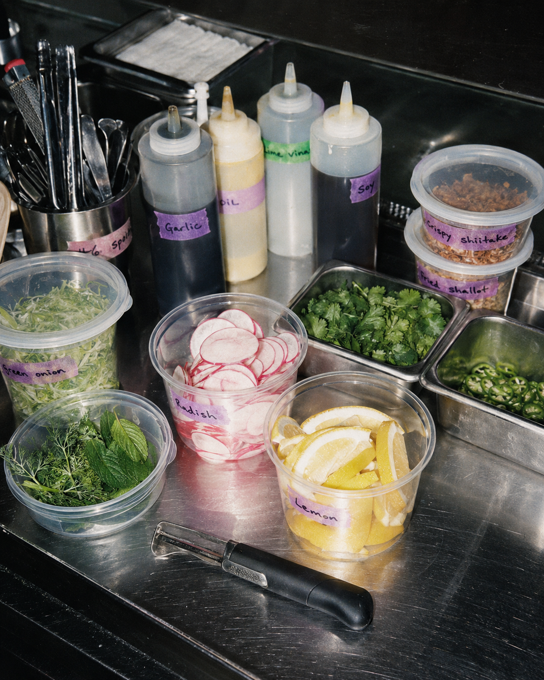 Assorted chopped vegetables and herbs in containers, including radish slices, lemon wedges, cilantro, parsley, mint, green onions, and shredded shiitake mushrooms, with various sauces labeled garlic, lime vinaigrette, soy, and oil, on a stainless steel countertop.