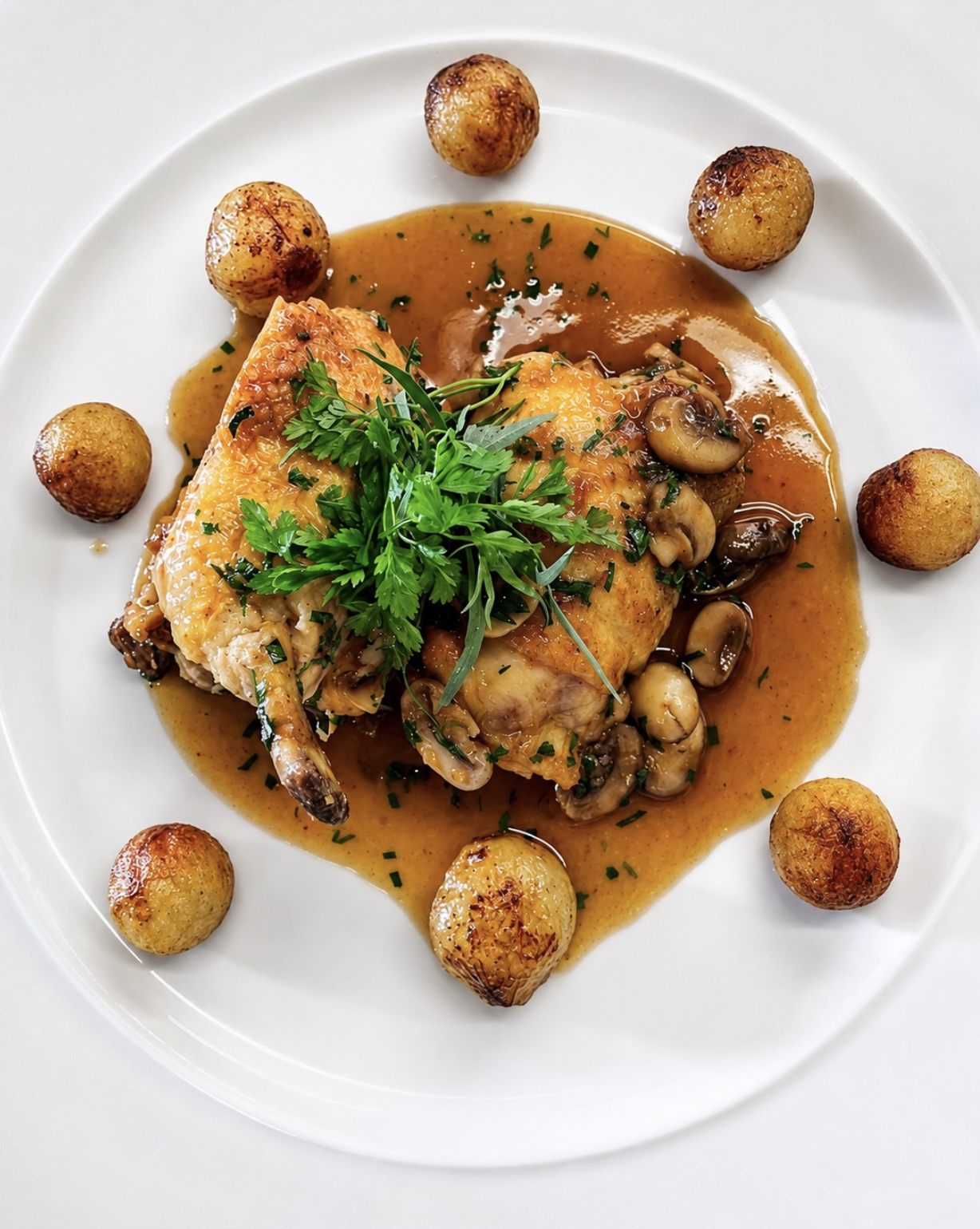 Roast chicken with mushroom gravy, garnished with parsley, served with roasted potatoes on a white plate.