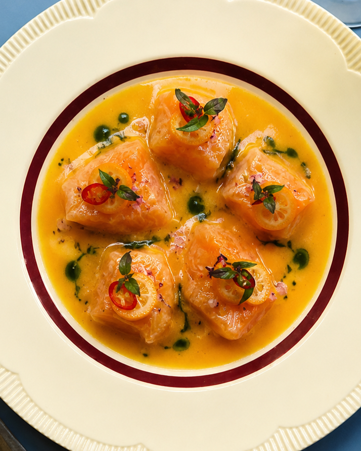 Four pieces of salmon served in a yellow sauce, garnished with small slices of lemon, red chili slices, and green herbs.