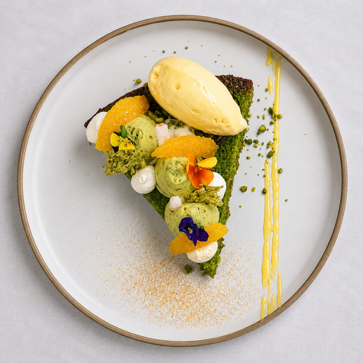 A plated dessert with green sponge cake, quenelles of green ice cream or mousse, orange slices, edible flowers, crumbs, and a scoop of pale yellow ice cream or sorbet, garnished with edible flowers and sauce drizzles.