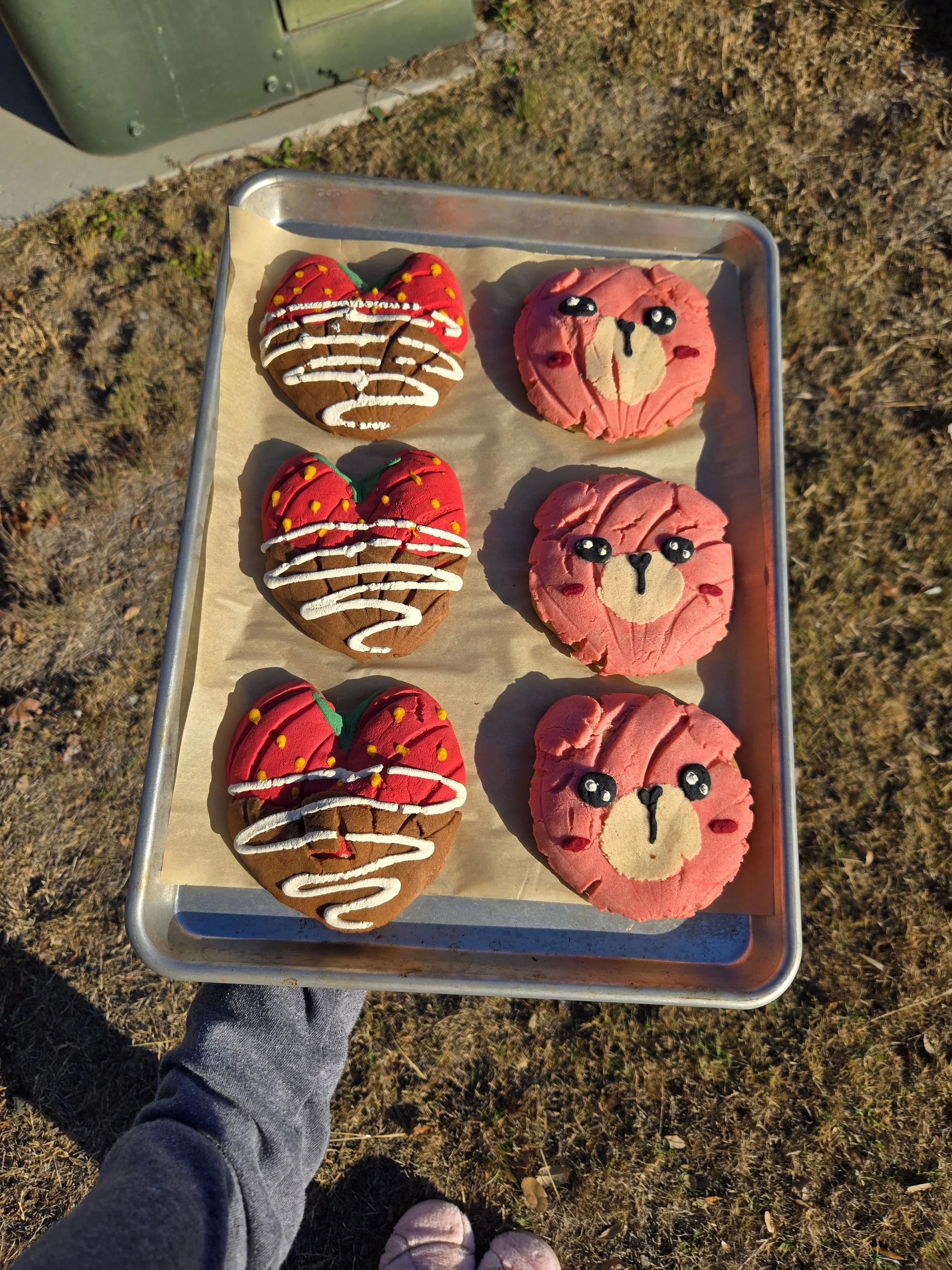 Valentines conchas, chocolate covered strawberries conchas