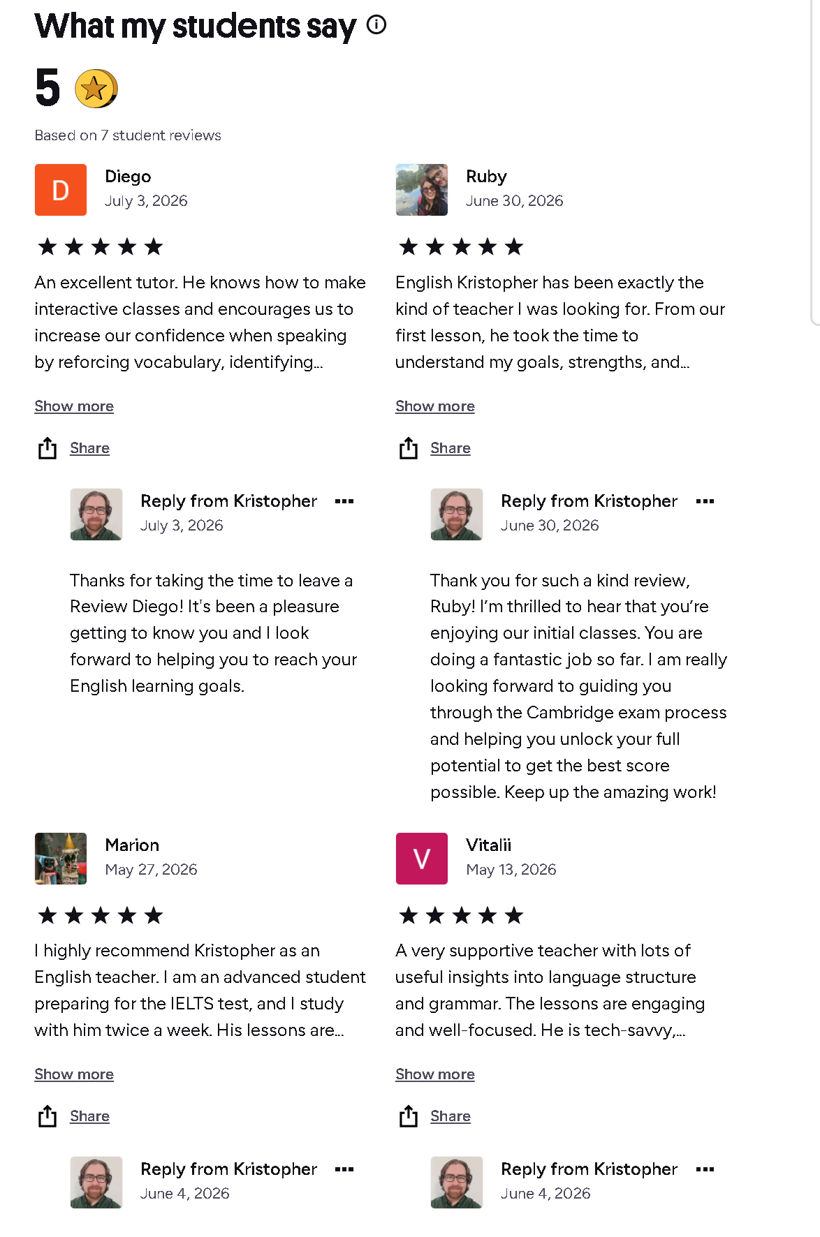 Screenshots of positive student reviews for an English tutor, Kristopher, rated 5 stars, with comments from students Diego, Ruby, Marion, Vitalii, and responses from Kristopher.