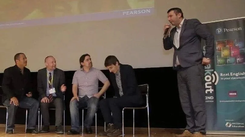 Kris Tate taking part in a panel discussion with JJ Wilson (How to teach Speaking, Speak Out) panel discussion.