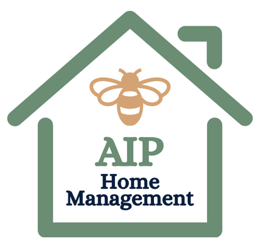 Logo of a house outline with a bee in the center, the acronym AIP above 'Home Management,' in green and navy colors.