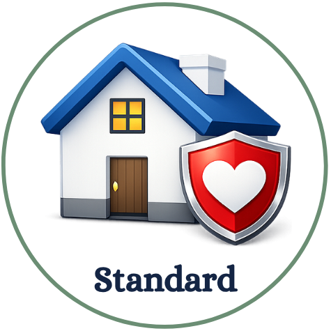 Illustration of a house with a shield emblem featuring a heart in front of the house. The word "Standard" is written below.