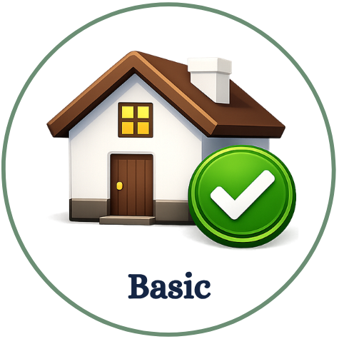 Illustration of a house with a green checkmark badge labeled 'Basic'