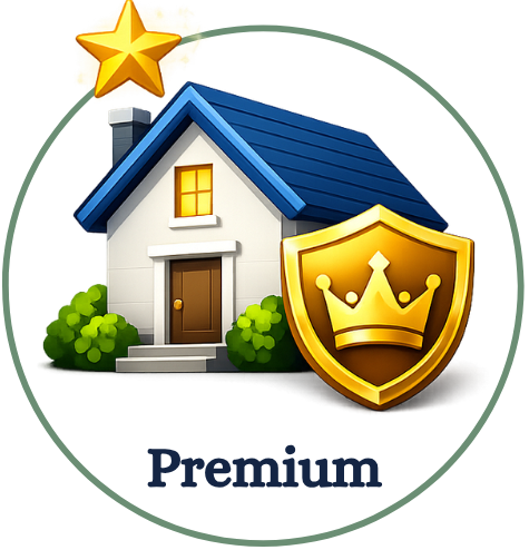 Illustration of a house with a blue roof, shield with a crown, a gold star, and the word "Premium".