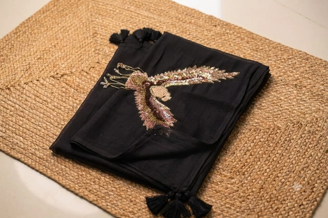 Hand-Embroidered Black Saree with Metallic Embroidery