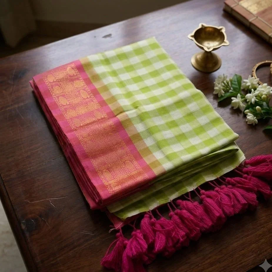 Green & Pink Checked Mul Cotton Saree with Tassels