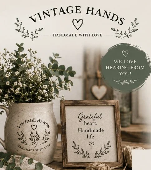 Decorative display with a bouquet of greenery, a framed quote, and a sign that says "We love hearing from you!" The text "Vintage Hands," "Handmade with Love," and "Grateful heart. Handmade life." appears with heart and leaf motifs.