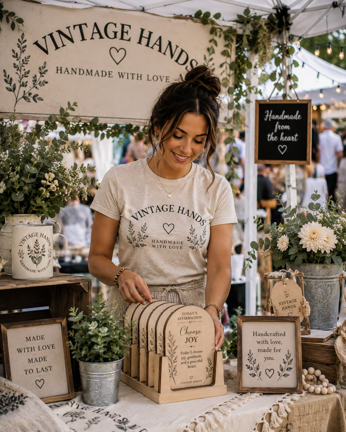 A woman smiling at a handmade craft booth labeled "Vintage Hands" with signs and decorations emphasizing love and handmade quality, surrounded by flowers and greenery.