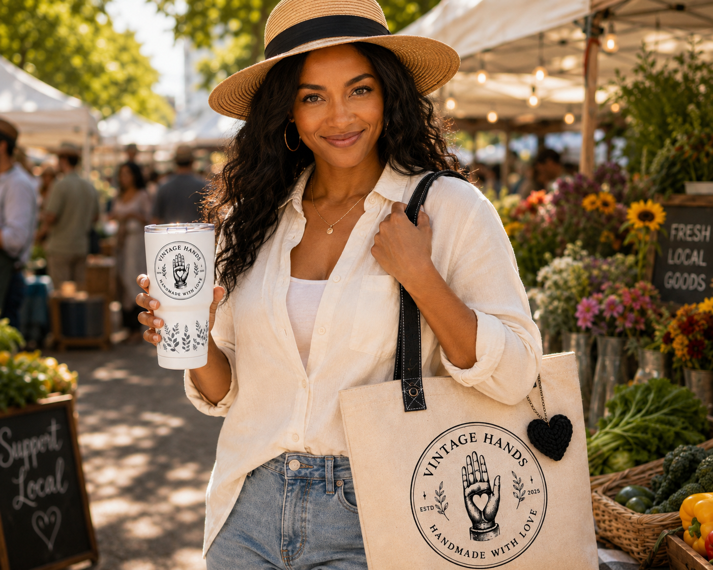 Woman with curly hair wearing a wide-brimmed straw hat and casual outfit holding a reusable cup at an outdoor farmers market.