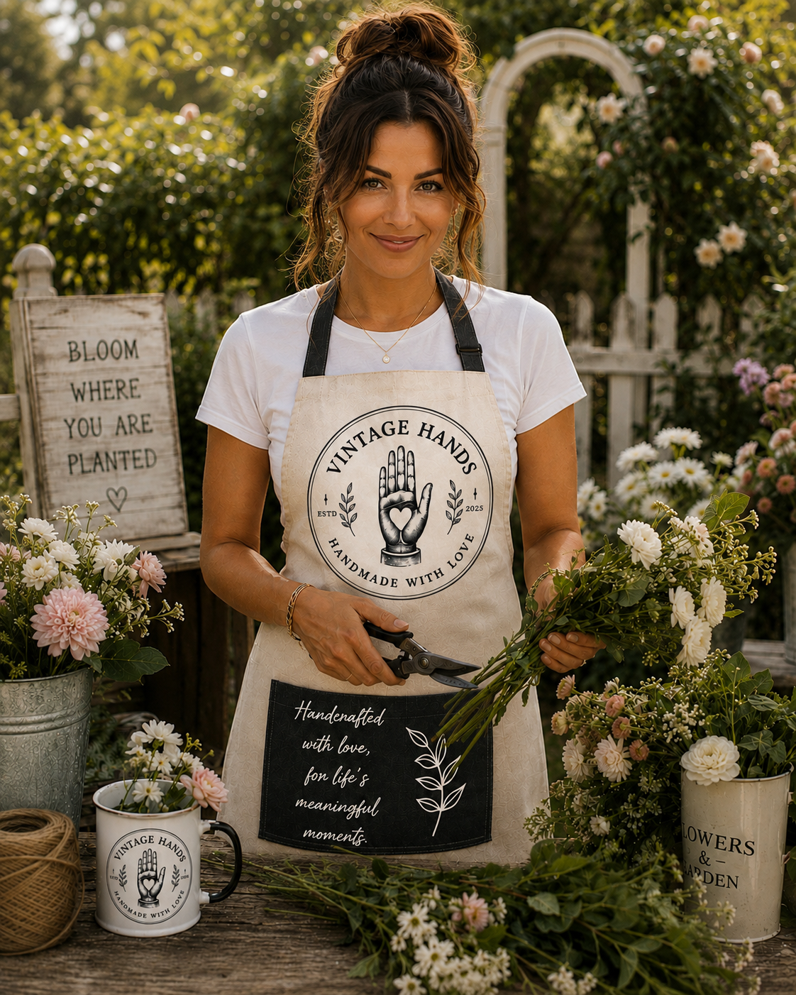 A woman with brown hair tied up, smiling, standing outside in a garden with flowers, holding flower pruning shears, wearing a beige apron with 'Vintage Hands' logo, surrounded by flowers and gardening supplies.