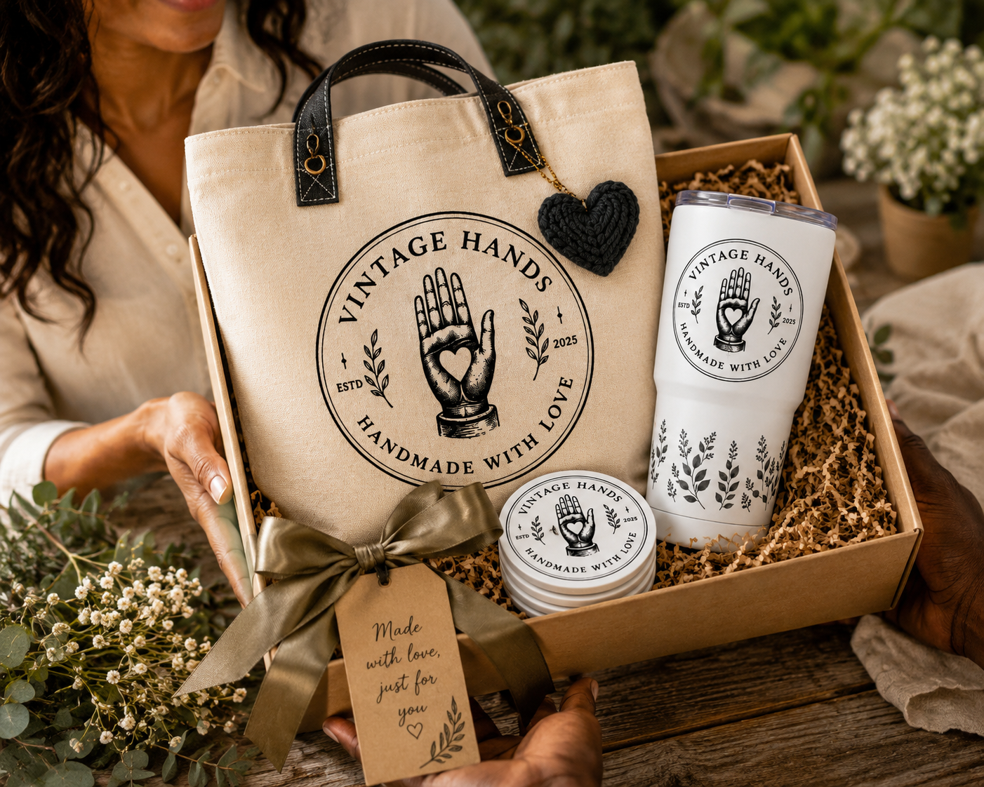 A gift box containing a beige tote bag, a white insulated tumbler with black floral designs, a round container, and a black crocheted heart keychain. The items feature a vintage hands logo with a hand making an OK sign with a heart in the palm, and the text "Vintage Hands, Handmade with Love, Estd 2025." A small beige tag attached to a ribbon reads "Made with love, just for you." The box is filled with crinkle paper, and there are white flowers and green foliage around it.