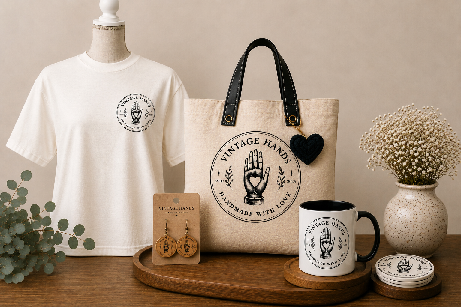 Display of vintage-themed handmade products including a white t-shirt, tote bag, ceramic mug, coasters, and earrings with a logo of a hand making a peace sign with a heart in the palm, surrounded by text "Vintage Hands" and "Handmade with Love" on a wooden surface with a plant and flowers in the background.