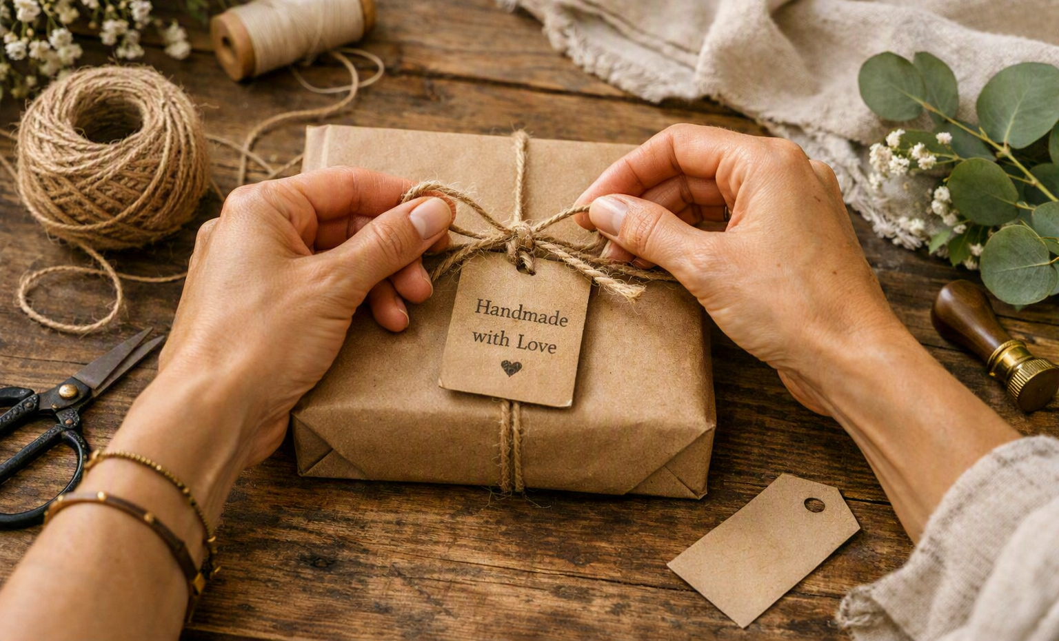 Person tying a gift wrapped in brown paper with a string bow and a tag that reads 'Handmade with Love', surrounded by craft supplies and greenery on a wooden table.