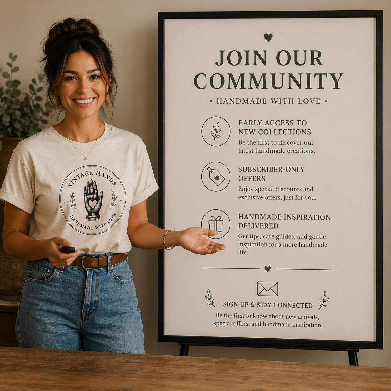 A woman standing next to a signboard promoting community membership benefits for a handmade craft business. She wears a cream T-shirt with a logo reading 'Vintage Hands' and a graphic of a hand with a heart, paired with blue jeans.
