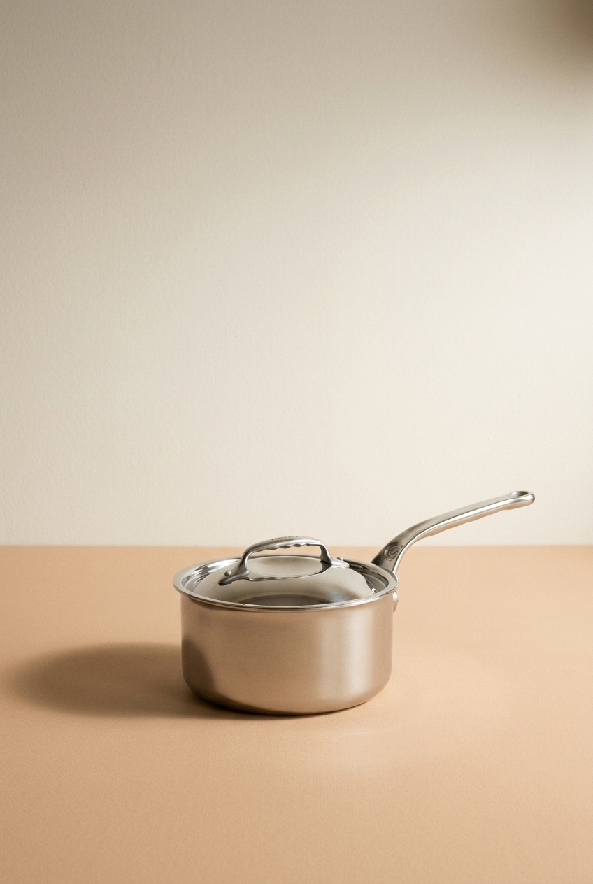 Une casserole en acier inoxydable avec un couvercle est placée sur une surface beige, avec un mur beige en arrière-plan.