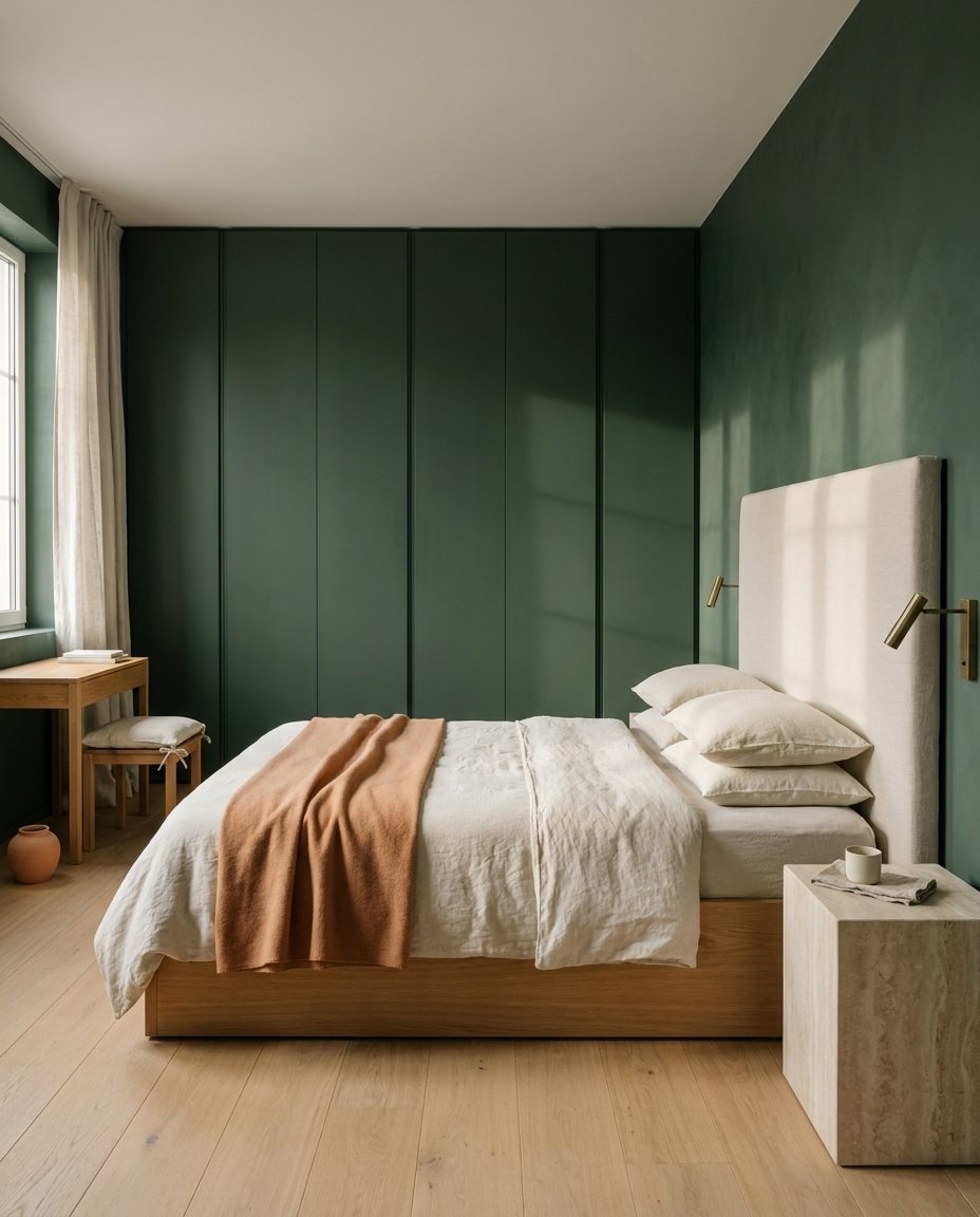 Chambre avec lit king-size, tête de lit beige, murs verts, pouf beige, petite table en marbre avec tasse, bureau en bois avec chaise, et grande fenêtre avec rideaux beige.