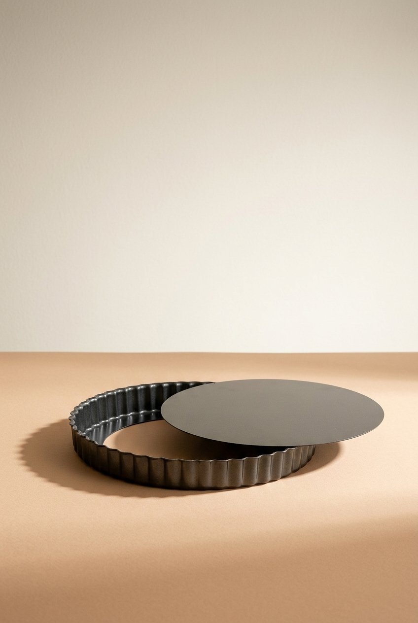 Une plaque noire ronde placée dans un moule à tarte en métal, sur une surface beige claire, avec un fond beige