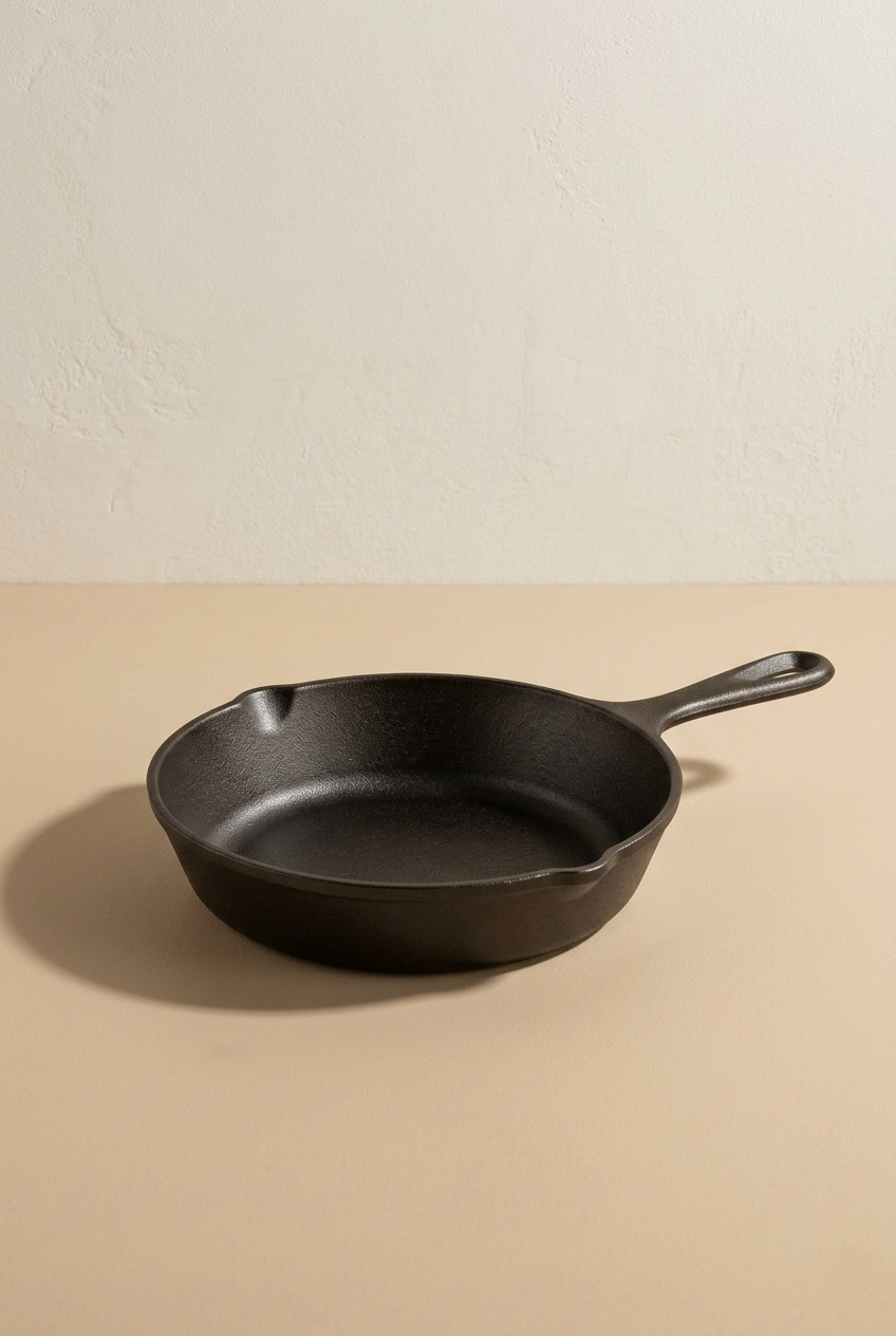 Une poêle en fonte noire posée sur une surface claire avec un fond blanc