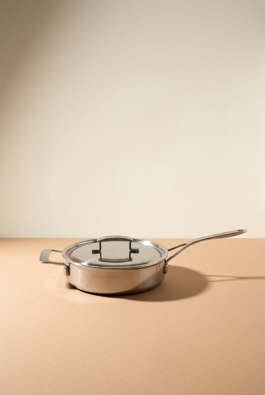 Une casserole en métal avec un couvercle en verre, posée sur une surface beige. Le fond est blanc et simple.