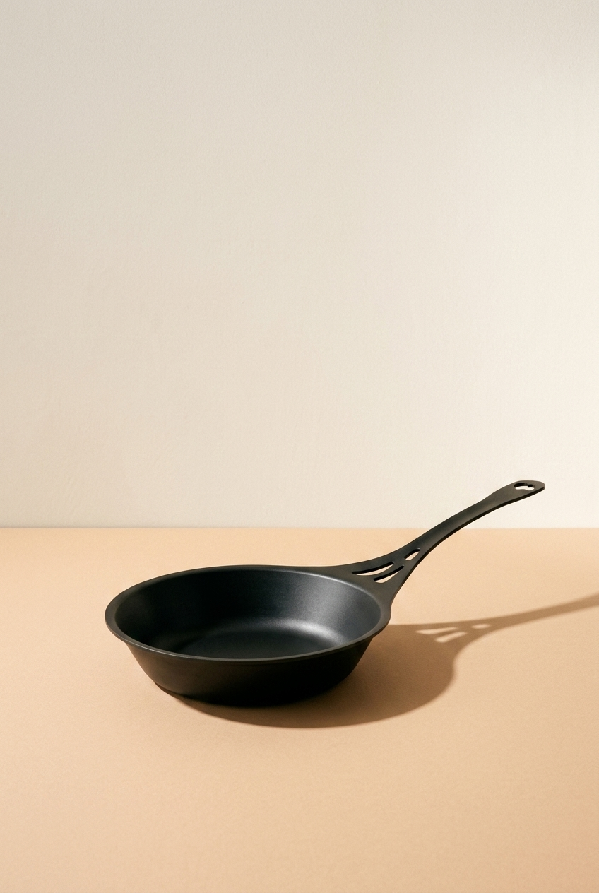 Poêle à frire noire sur une surface beige, avec un fond blanc.