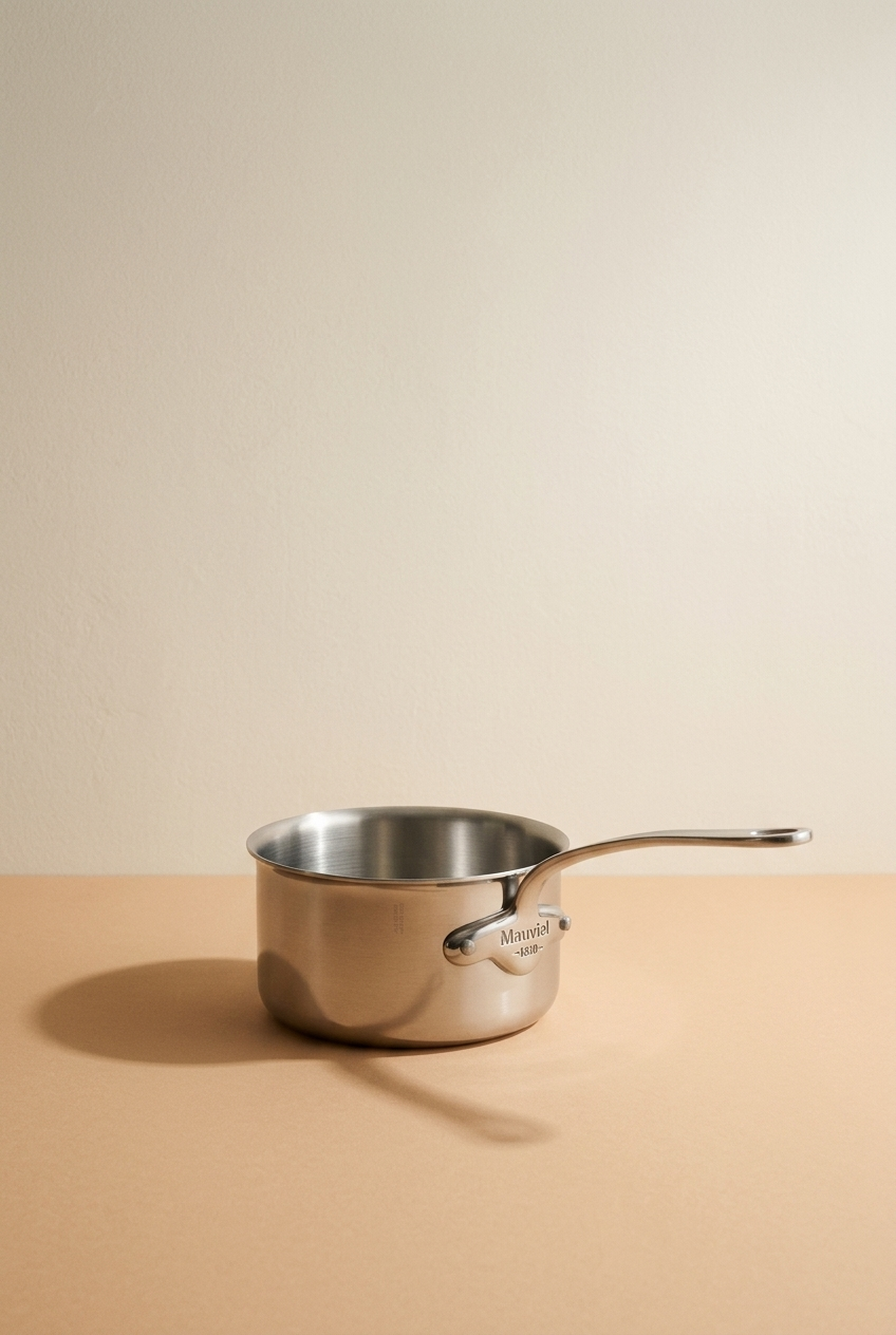 Casserole en acier inoxydable posée sur une surface en bois clair, avec un fond beige