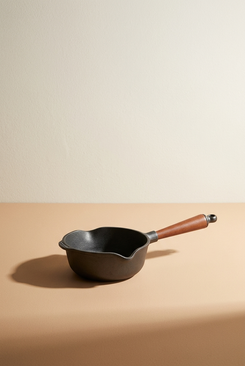 Poêle en fonte noire avec manche en bois, posé sur une surface beige, avec un fond beige clair.