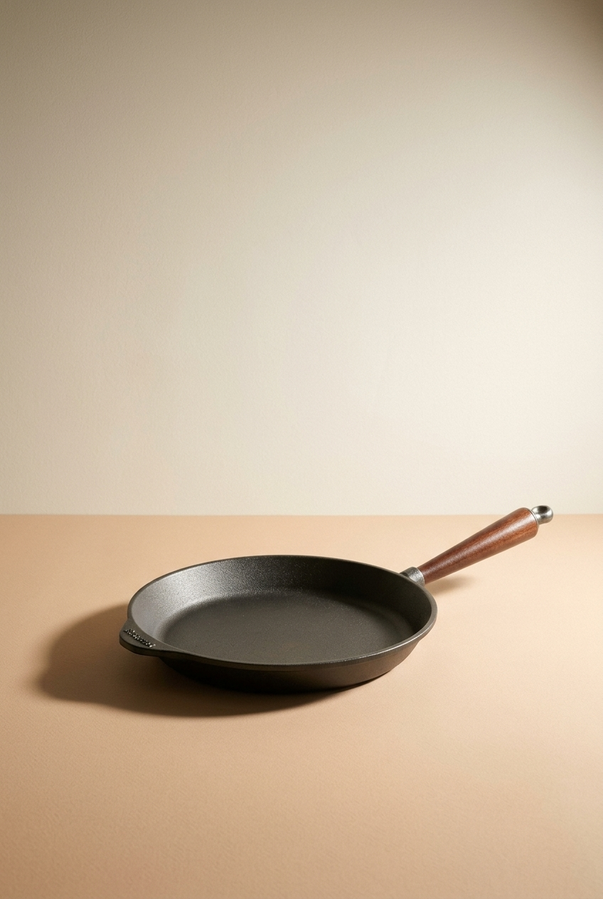 Une seule poêle en fonte noire avec manche en bois, posée sur une surface beige, contre un mur beige clair.