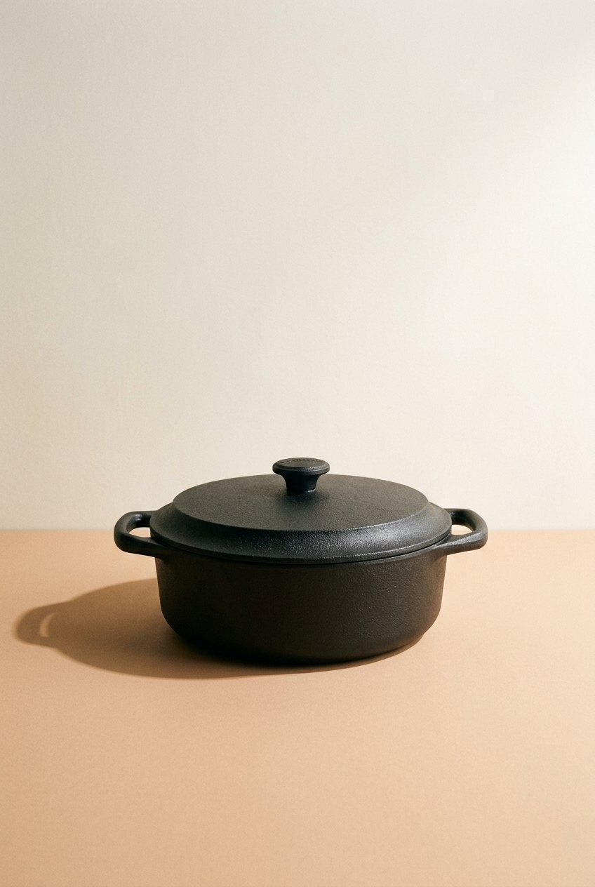 Une cocotte en fonte noire avec un couvercle, placée sur une surface en beige clair, créant une ombre douce sur le côté gauche.