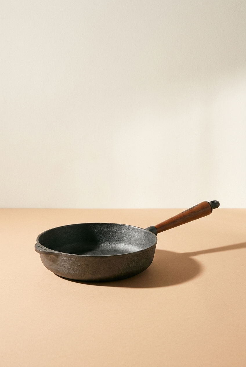 Une poêle en fonte avec un manche en bois, posée sur une surface beige, avec un fond clair.