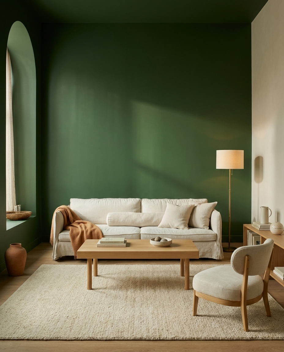 Salon avec canapé blanc, fauteuil beige, tapis crème, mur vert, grande fenêtre avec rideaux, lampe sur pied, table en bois avec quelques livres et décoration
