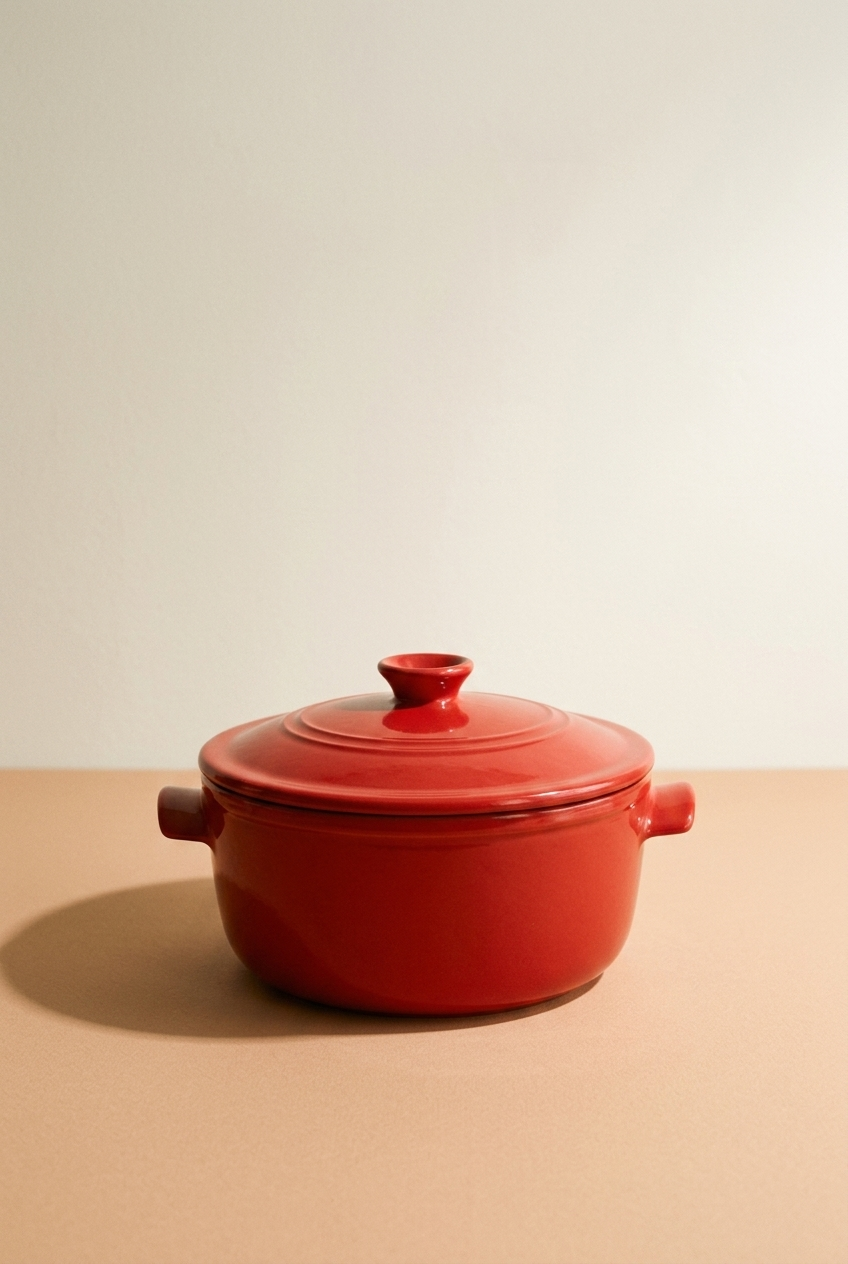 Une cocotte en céramique rouge avec un couvercle, posée sur une surface claire, avec un fond neutre