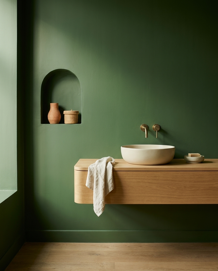 Un lavabo blanc rond sur une console en bois clair fixée au mur vert, avec un drap blanc pendu dessus et un savon à droite, dans une salle de bain moderne.