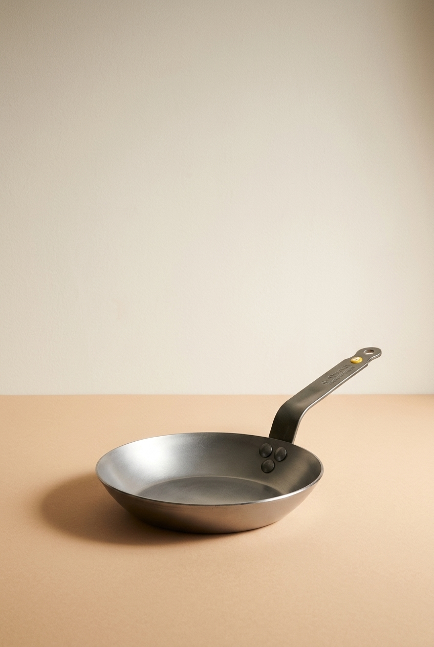 Une poêle en métal sans aliments dessus, posée sur une surface beige, avec un fond beige clair.