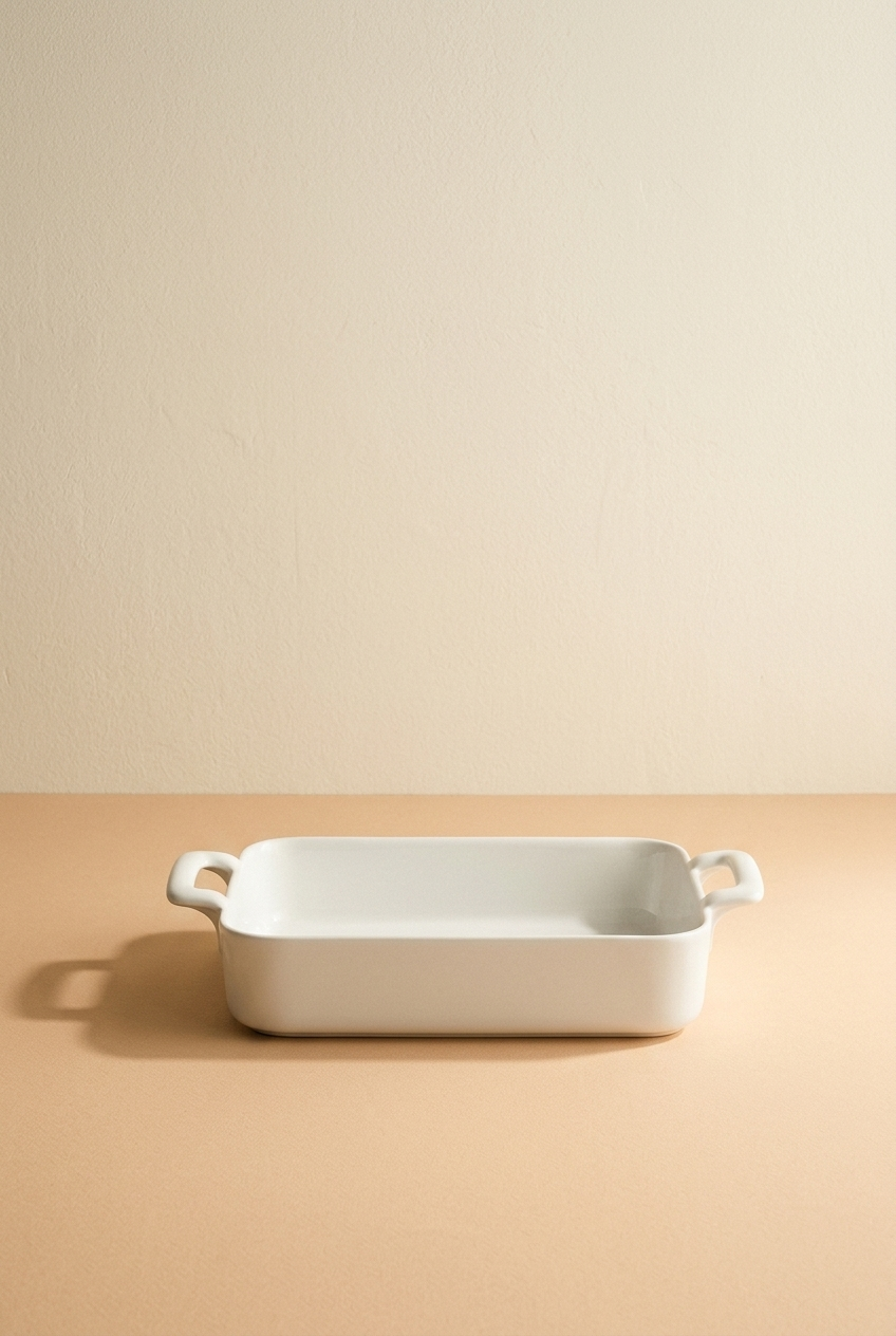 Un plat en céramique blanc rectangulaire avec deux poignées, placé sur une surface beige claire, avec un fond beige clair.
