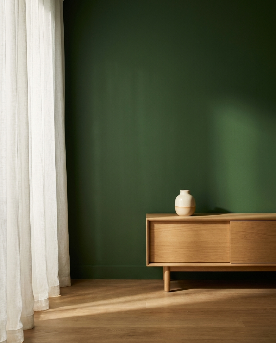 Une pièce avec un mur vert, un meuble en bois clair avec un vase blanc dessus, et un tapis beige clair avec des rideaux blancs laissant entrer de la lumière