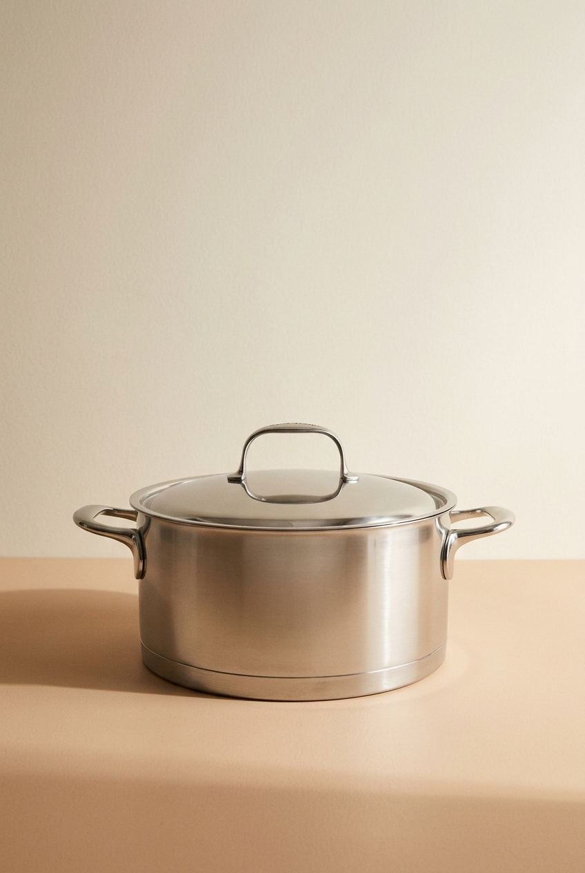 Une casserole en acier inoxydable avec un couvercle, posée sur une surface beige claire, fond neutre.
