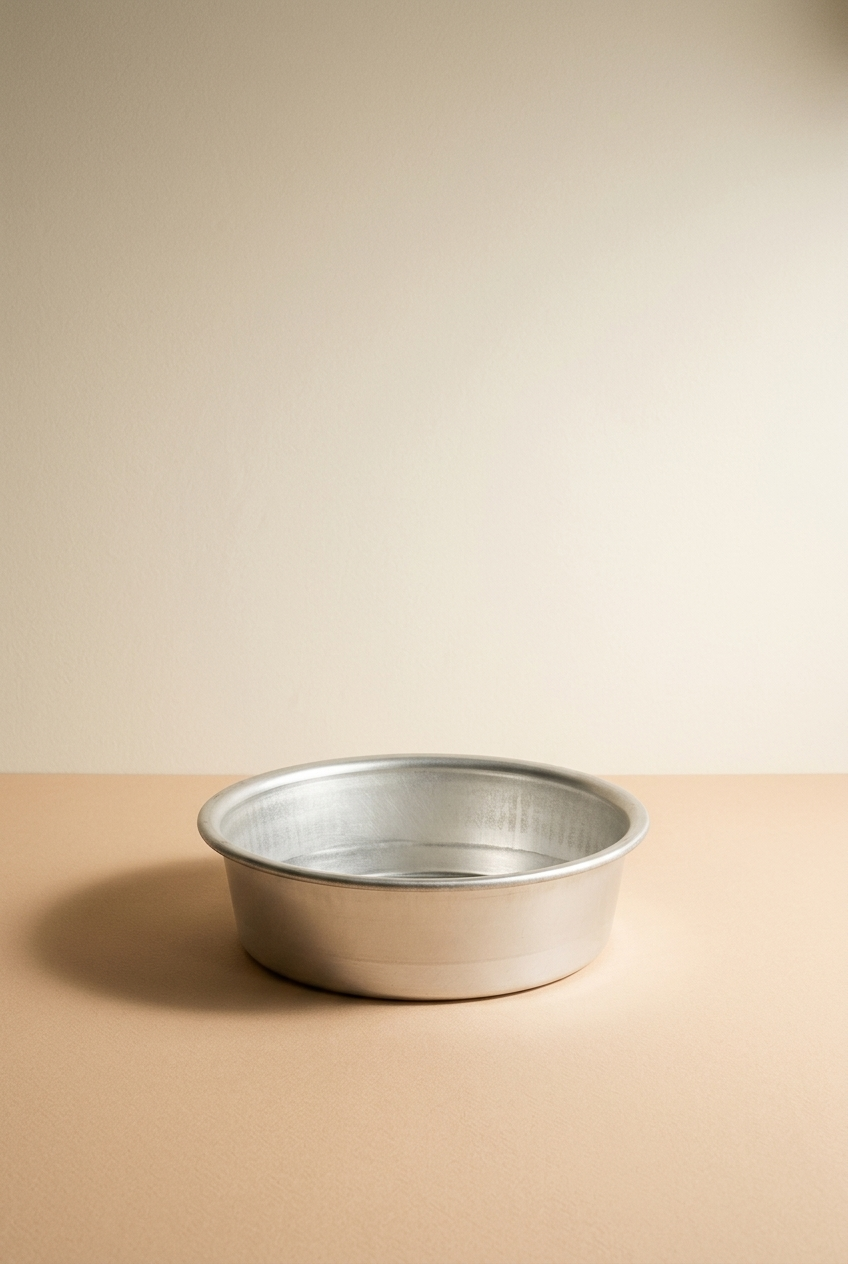 Un bol en aluminium placé sur une surface beige avec un fond clair