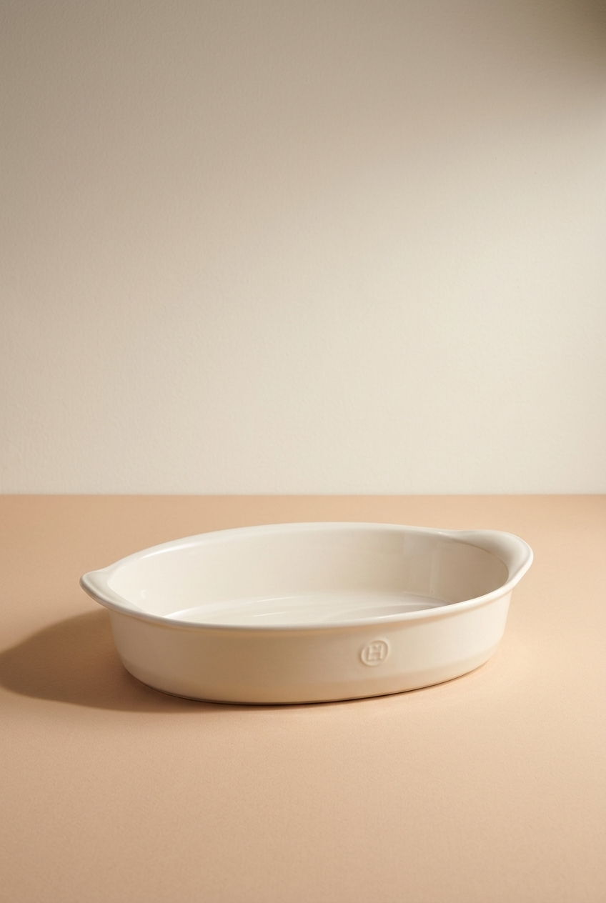 Plat en céramique blanc sur une surface beige, fond beige clair.