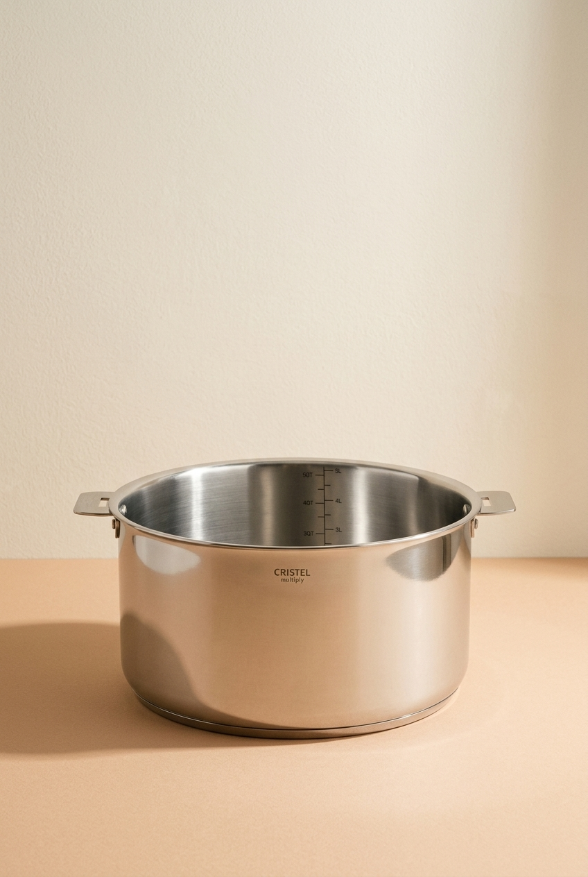 Cocotte en acier inoxydable sur une surface claire.