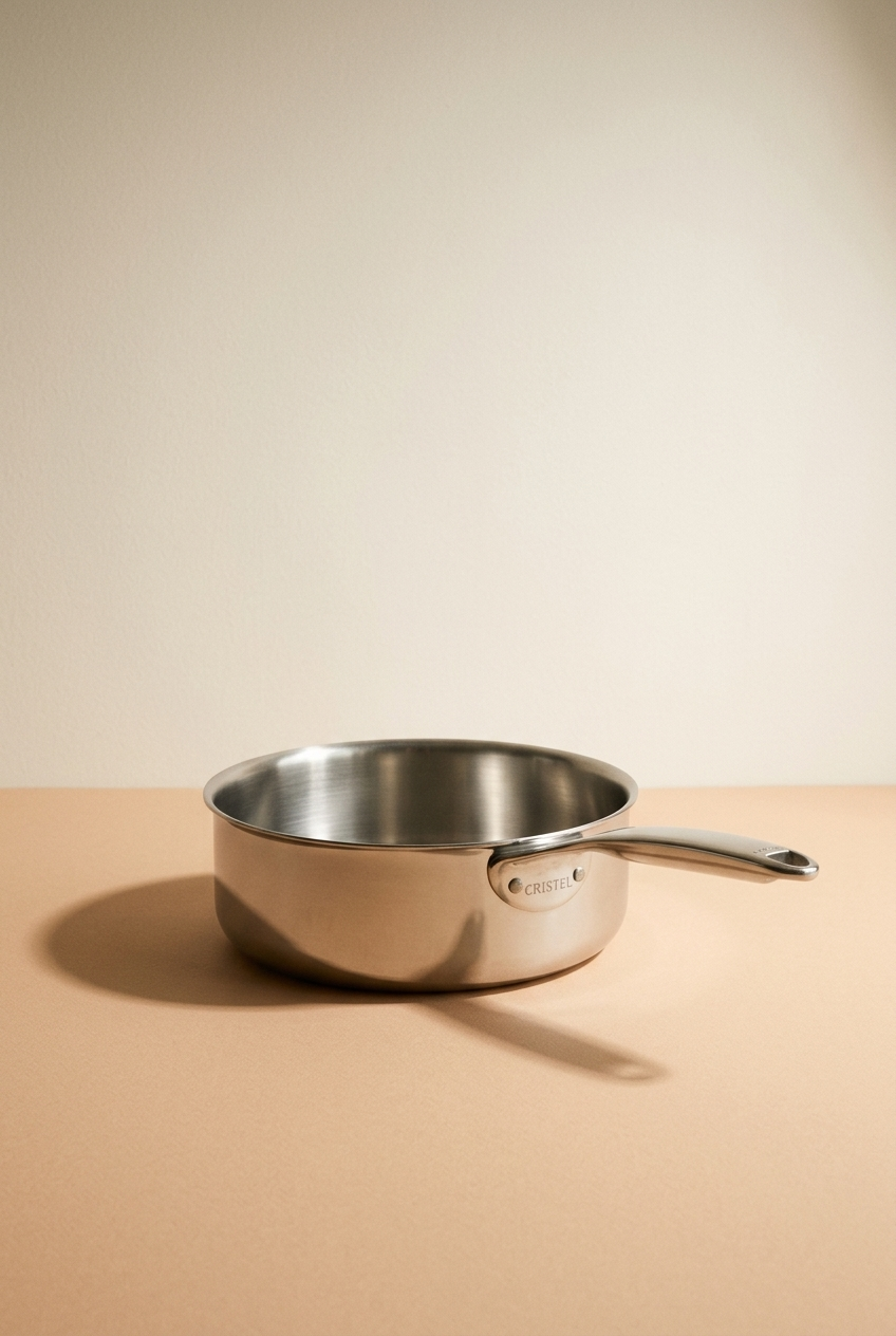 Une poêle en acier inoxydable posée sur une surface beige, avec un fond beige clair, peu profonde et sans autres objets.
