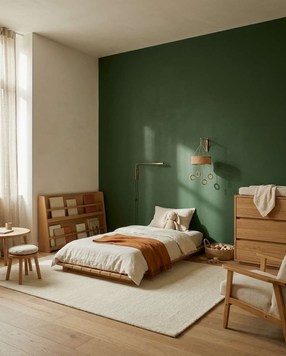 Chambre minimaliste avec lit au sol, mur vert foncé, grande fenêtre avec rideaux, meuble à tiroirs en bois, coussin avec un peluche lapin, tapis blanc, luminaire suspendu, panier avec jouets.