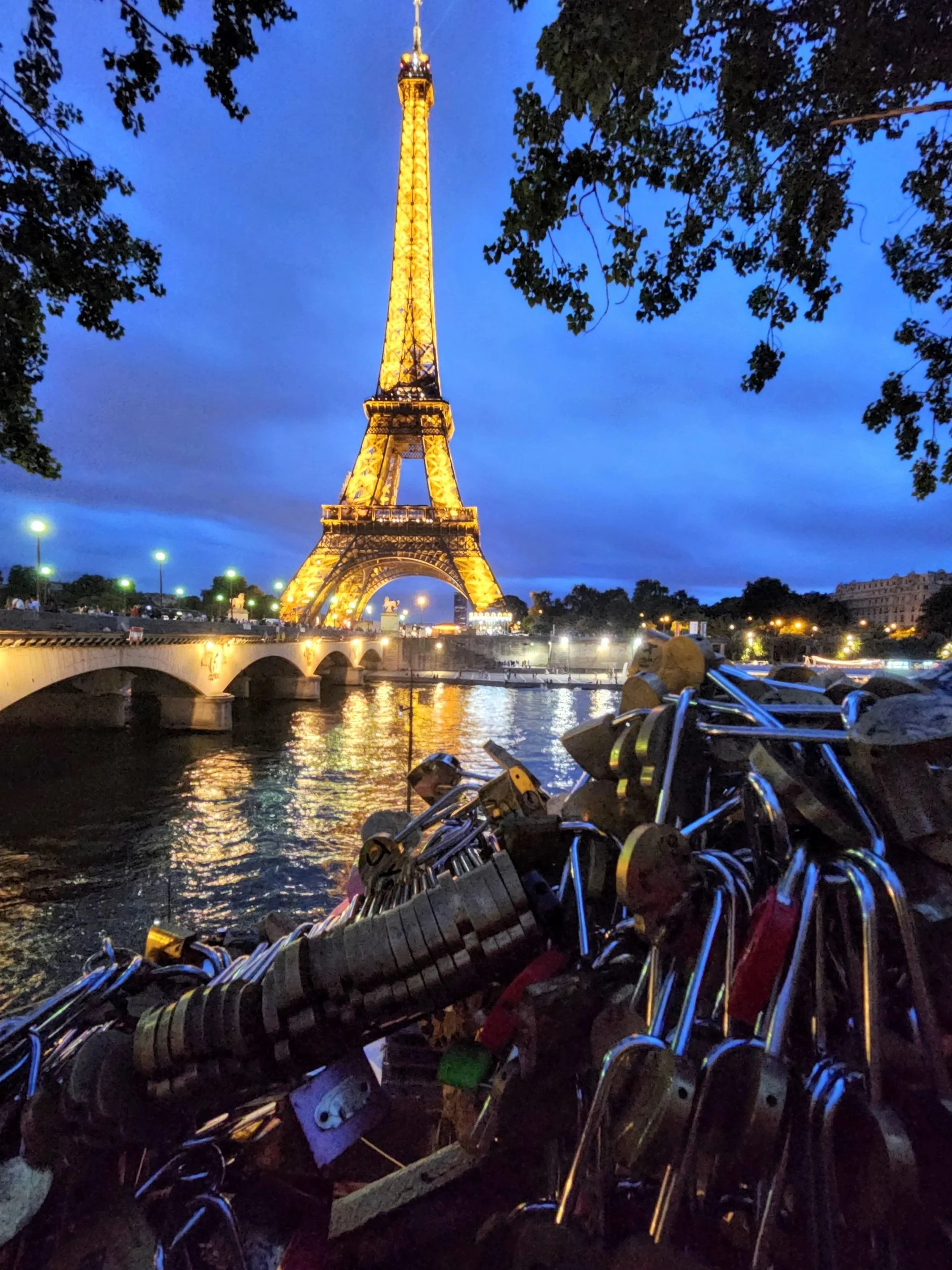 Nighttime view of the Eiffel Tower illuminated with yellow lights, reflecting on the water below, with trees framing the scene and bicycles in the foreground.