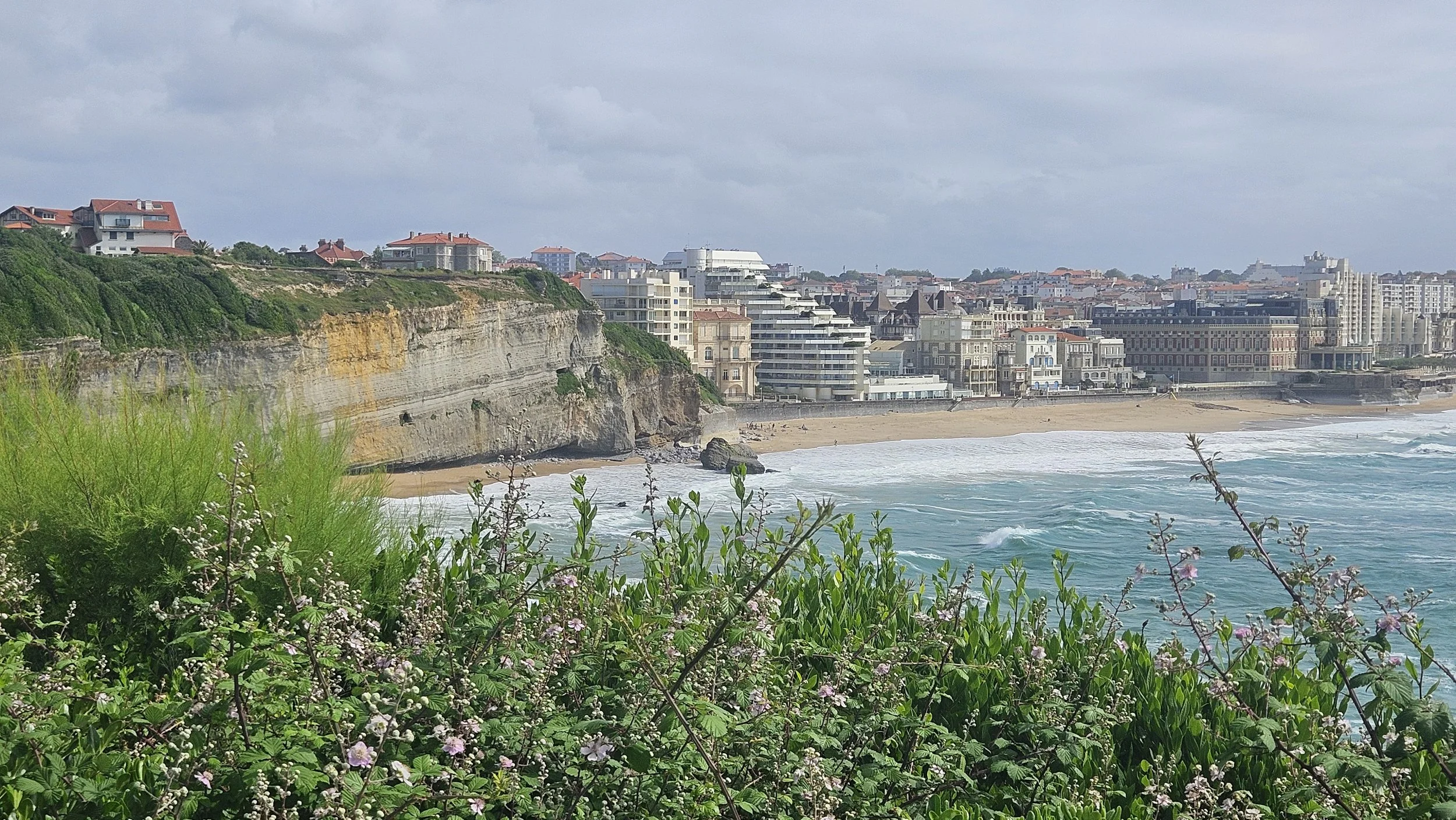 Cliffside cityscape with beachfront, modern buildings, and lush greenery in the foreground, overcast sky.