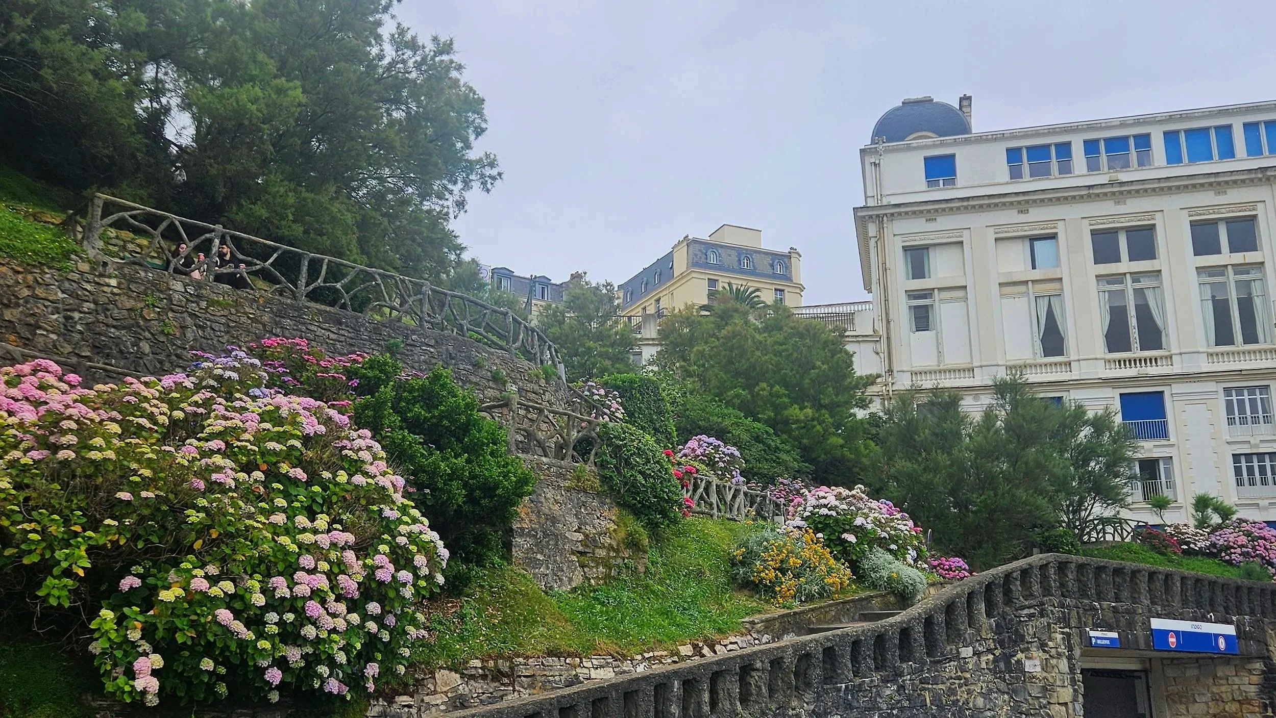 A hillside with blooming pink, purple, and yellow flowers, a stone and wooden fence along the slope, and residential buildings in the background under a cloudy sky.